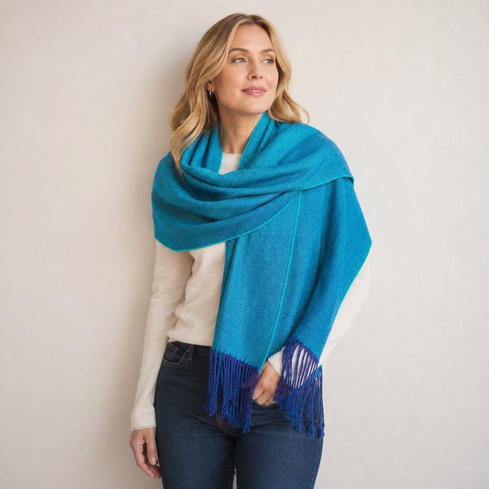 Everything Alpaca Turquoise Blure Woven Geometric Pattern Scarf / Wrap One Size